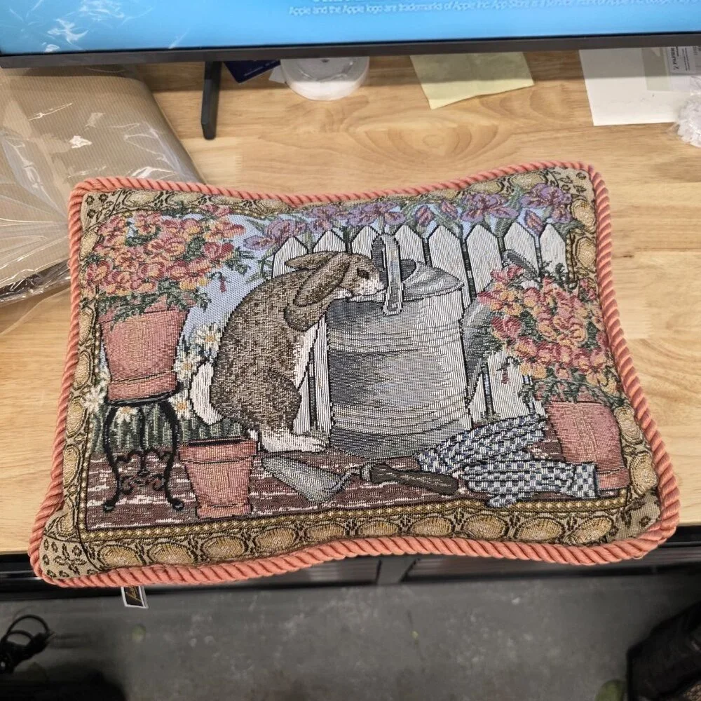 Bunny Rabbit Tapestry Accent Pillow Rectangular 13 x 17 Pink Cord Edge Easter